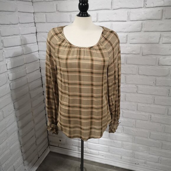 RW&CO. Tops - RW&CO Ladies Size Medium Tan Brown Grey & Beige Plaid Long Sleeves Blouse